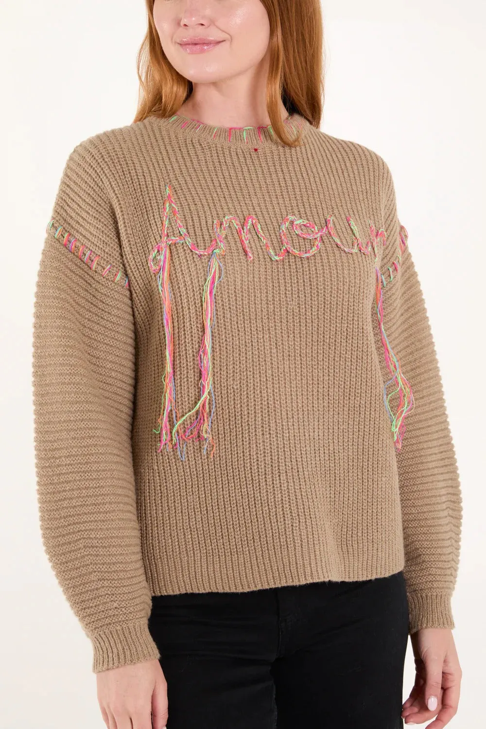 'Amour' Stich Embroidery Knit Jumper For Women