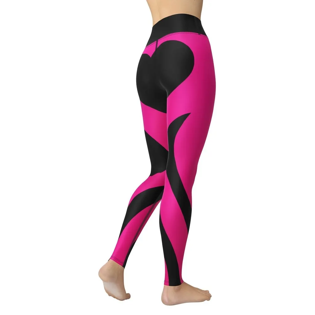 Black & Pink Heart Shaped Yoga Leggings