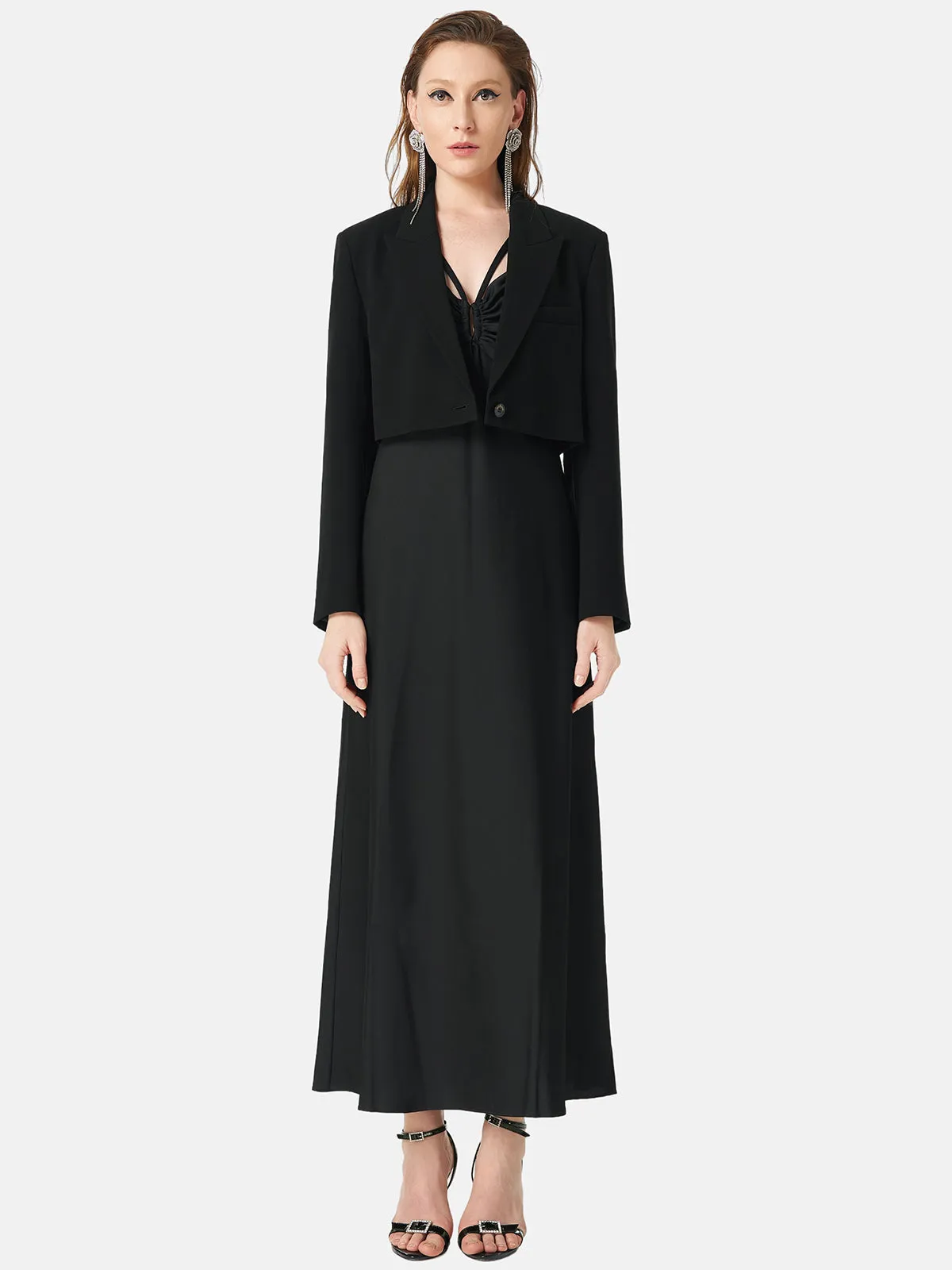 Black Satin Cropped Suit