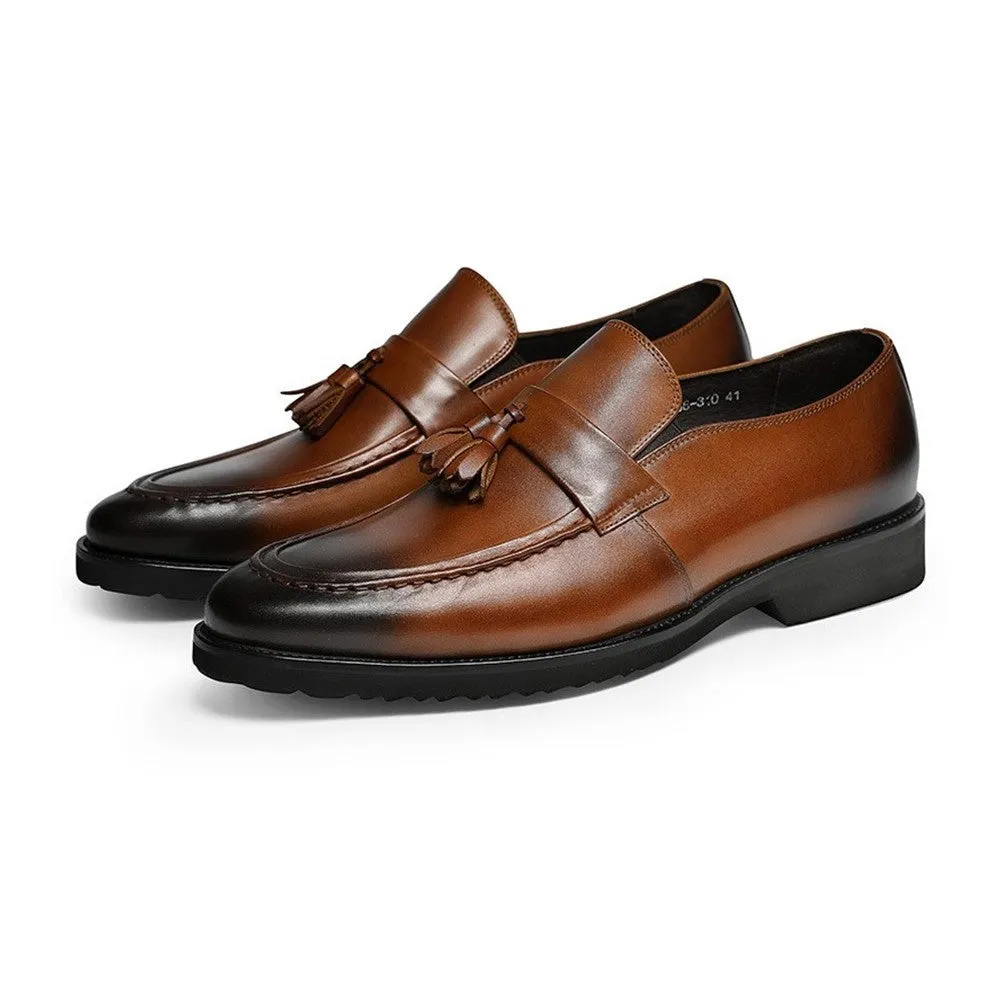 Burnished Genuine Leather Tassel Casual Loafer