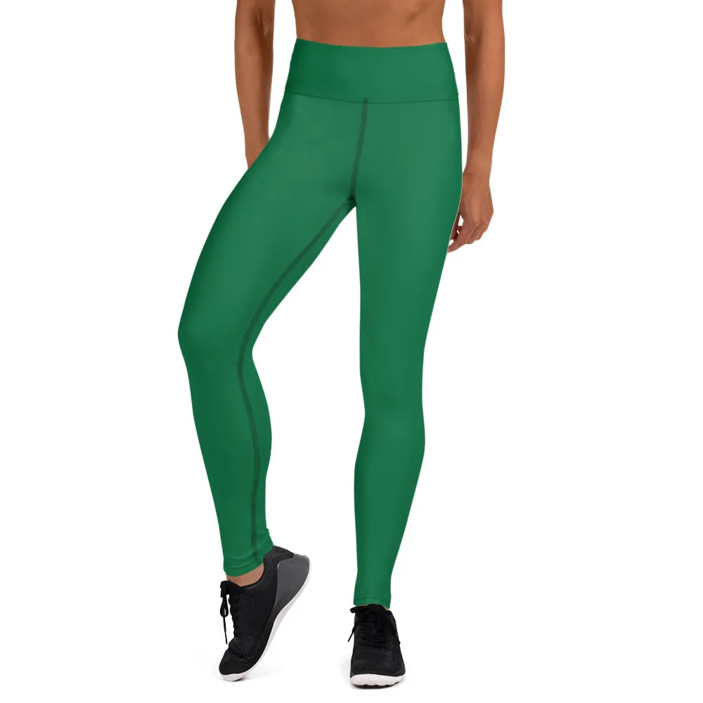 Dark Green Women's Yoga Leggings, Solid Color Long Gym Workout Tights-Made in USA/EU/MX