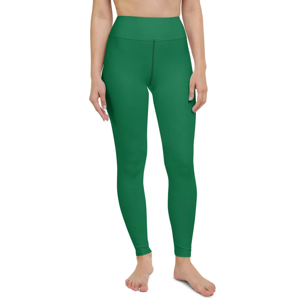 Dark Green Women's Yoga Leggings, Solid Color Long Gym Workout Tights-Made in USA/EU/MX