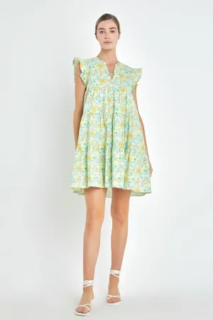 English Factory - Floral Printed Babydoll V-Neck Mini Dress