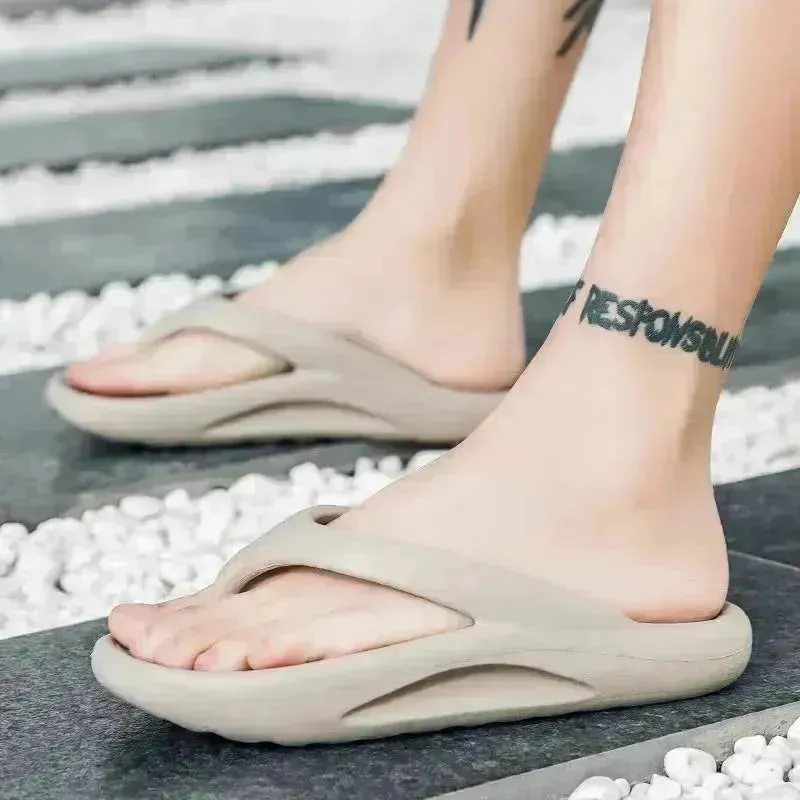Flip-flops Men Wear Sandy Beach Platform Outside And Step On Shit