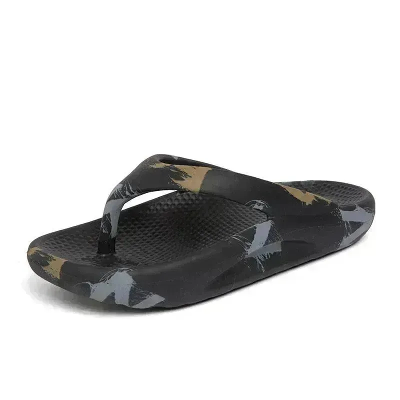 Flip-flops Men Wear Sandy Beach Platform Outside And Step On Shit