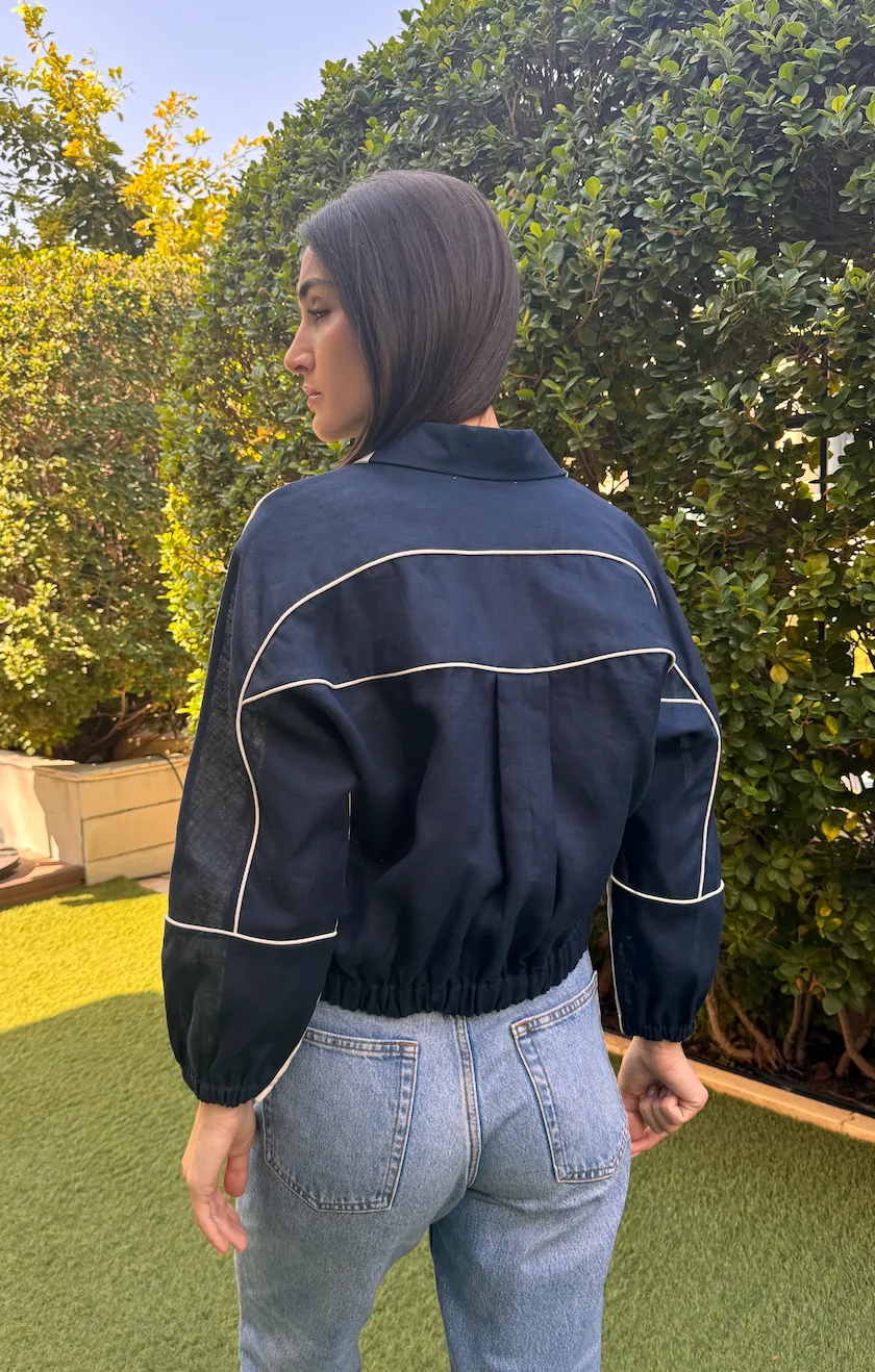 HALF HALF BOMBER- Navy Linen Front