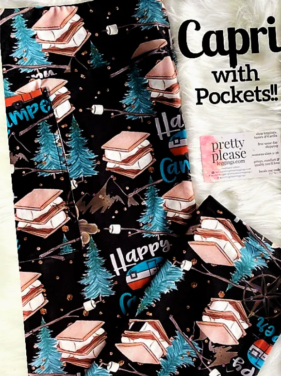 Happy Camper w/ S'mores Capri Super SOFT Leggings Camping Bonfire Smores Adventure OS TC Plus rts Capris