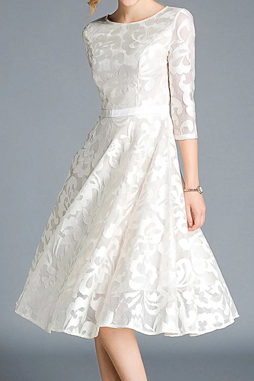 Ketty More Women Beautiful Lace Pattern Easy Round Neck Short Sleeve Mid-Length Summer Weekend Dress -KMWDC4433
