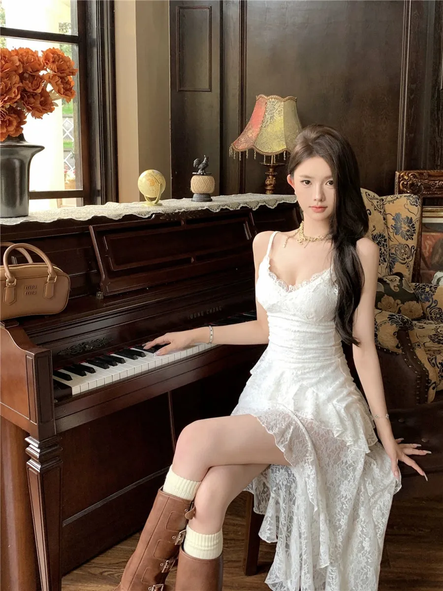 Lace V-neck dress for women irregular white beautiful mid-length party dress     S5909