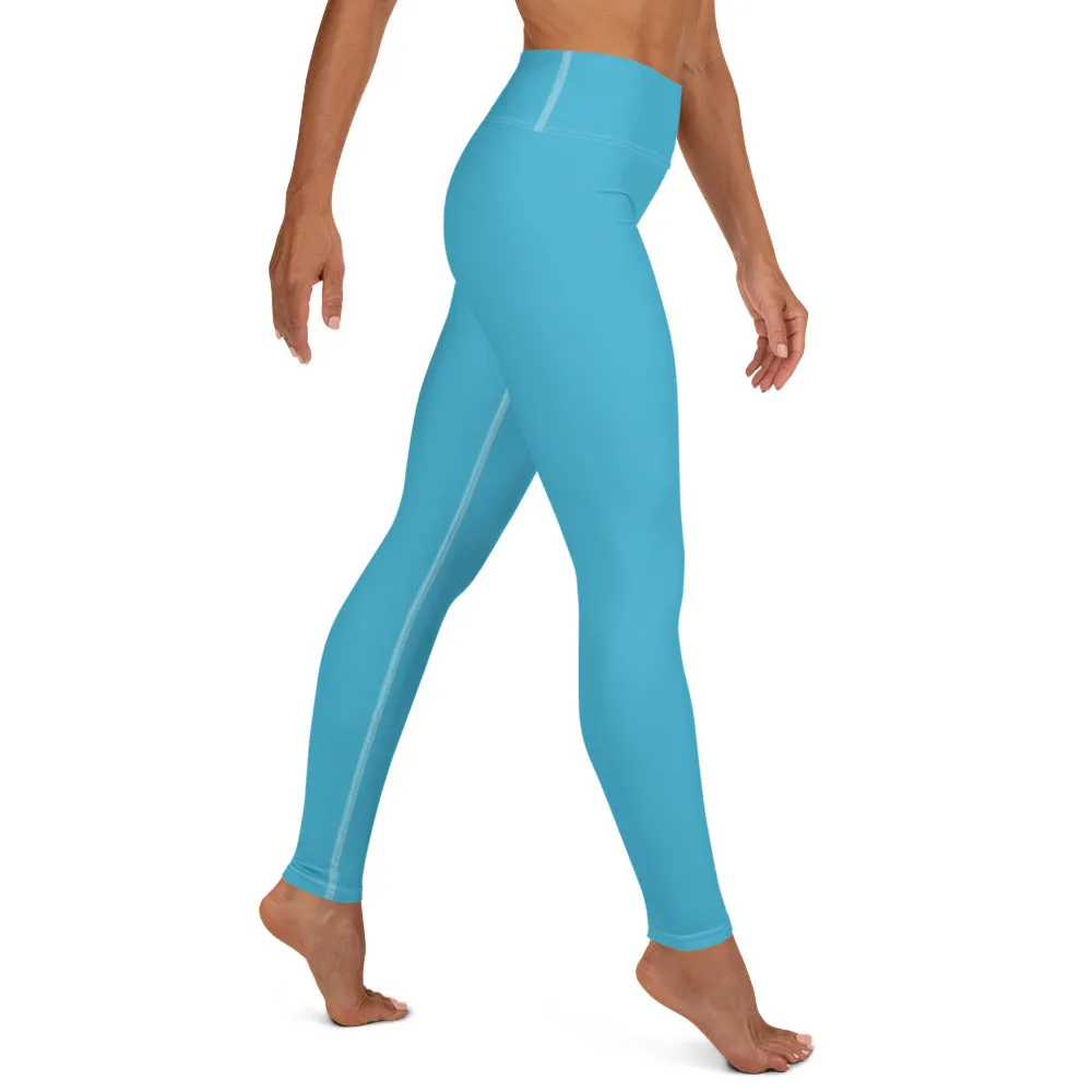 Light Blue Long Women's Tights, Solid Color Women's Premium Long Yoga Leggings Pants- Made in USA/ EU