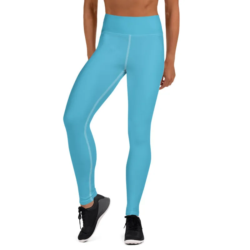 Light Blue Long Women's Tights, Solid Color Women's Premium Long Yoga Leggings Pants- Made in USA/ EU