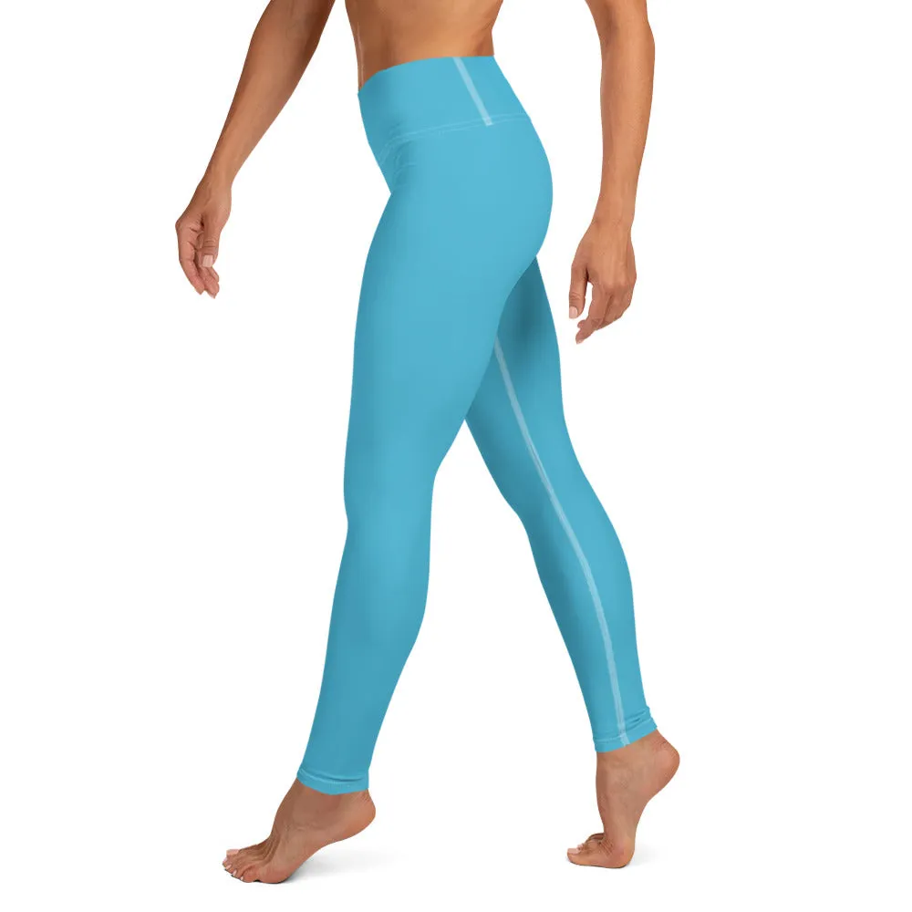 Light Blue Long Women's Tights, Solid Color Women's Premium Long Yoga Leggings Pants- Made in USA/ EU