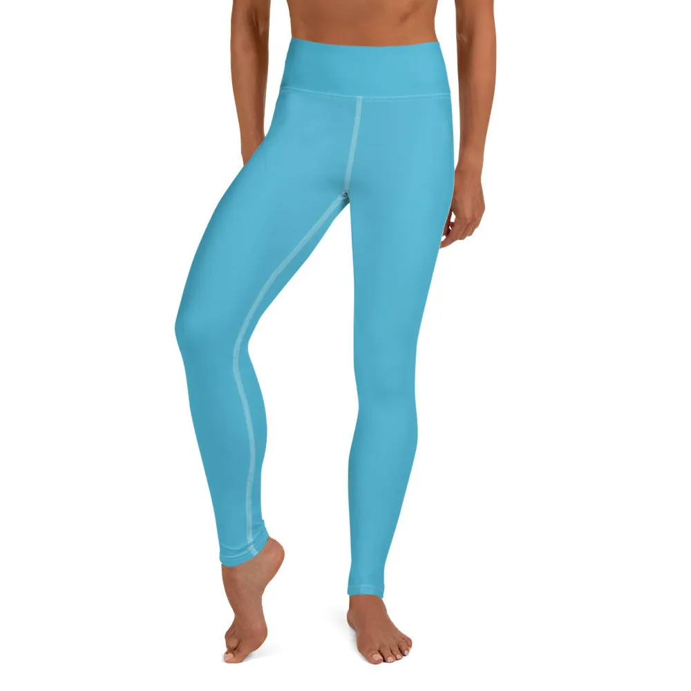 Light Blue Long Women's Tights, Solid Color Women's Premium Long Yoga Leggings Pants- Made in USA/ EU