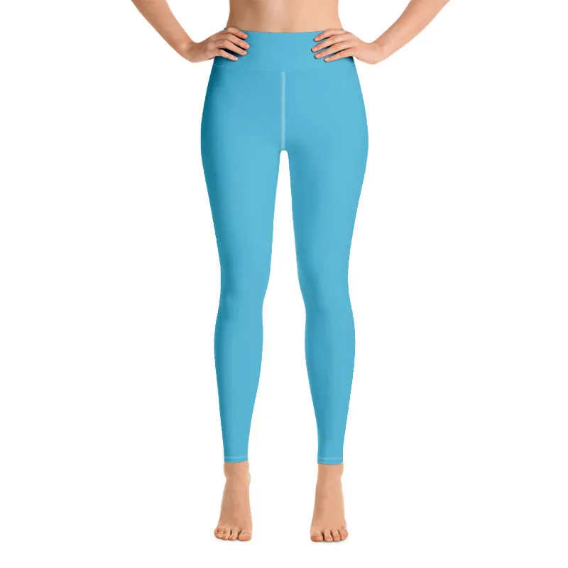 Light Blue Long Women's Tights, Solid Color Women's Premium Long Yoga Leggings Pants- Made in USA/ EU