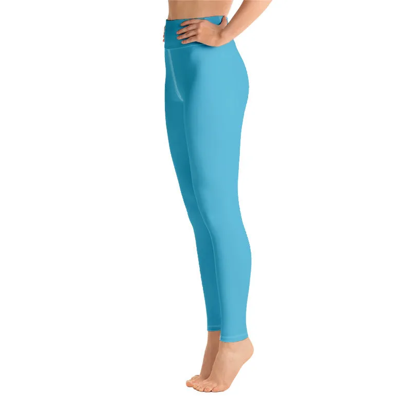 Light Blue Long Women's Tights, Solid Color Women's Premium Long Yoga Leggings Pants- Made in USA/ EU