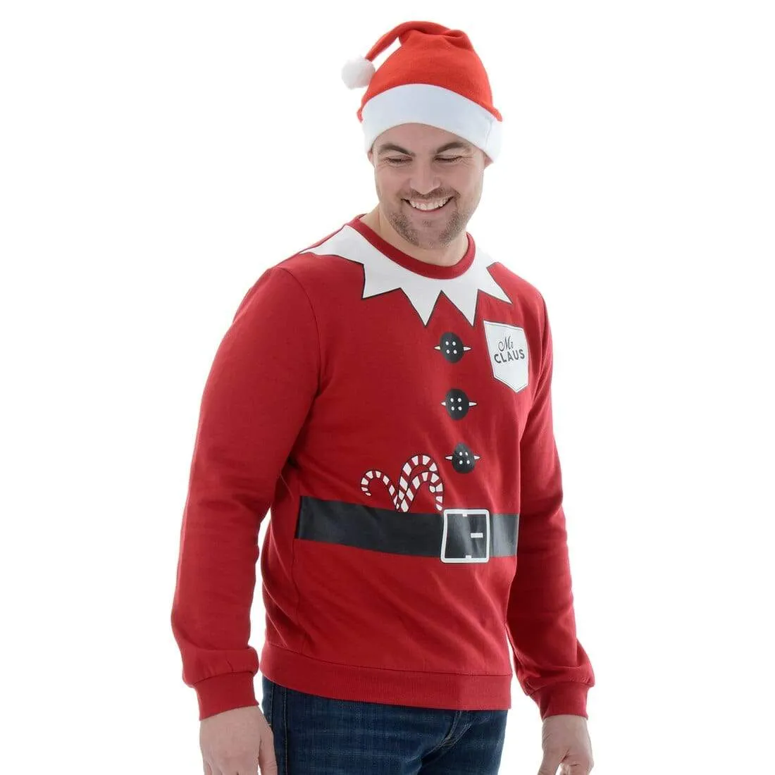 Mens Novelty Santa Mr Claus Christmas Jumper Sweatshirt & Hat
