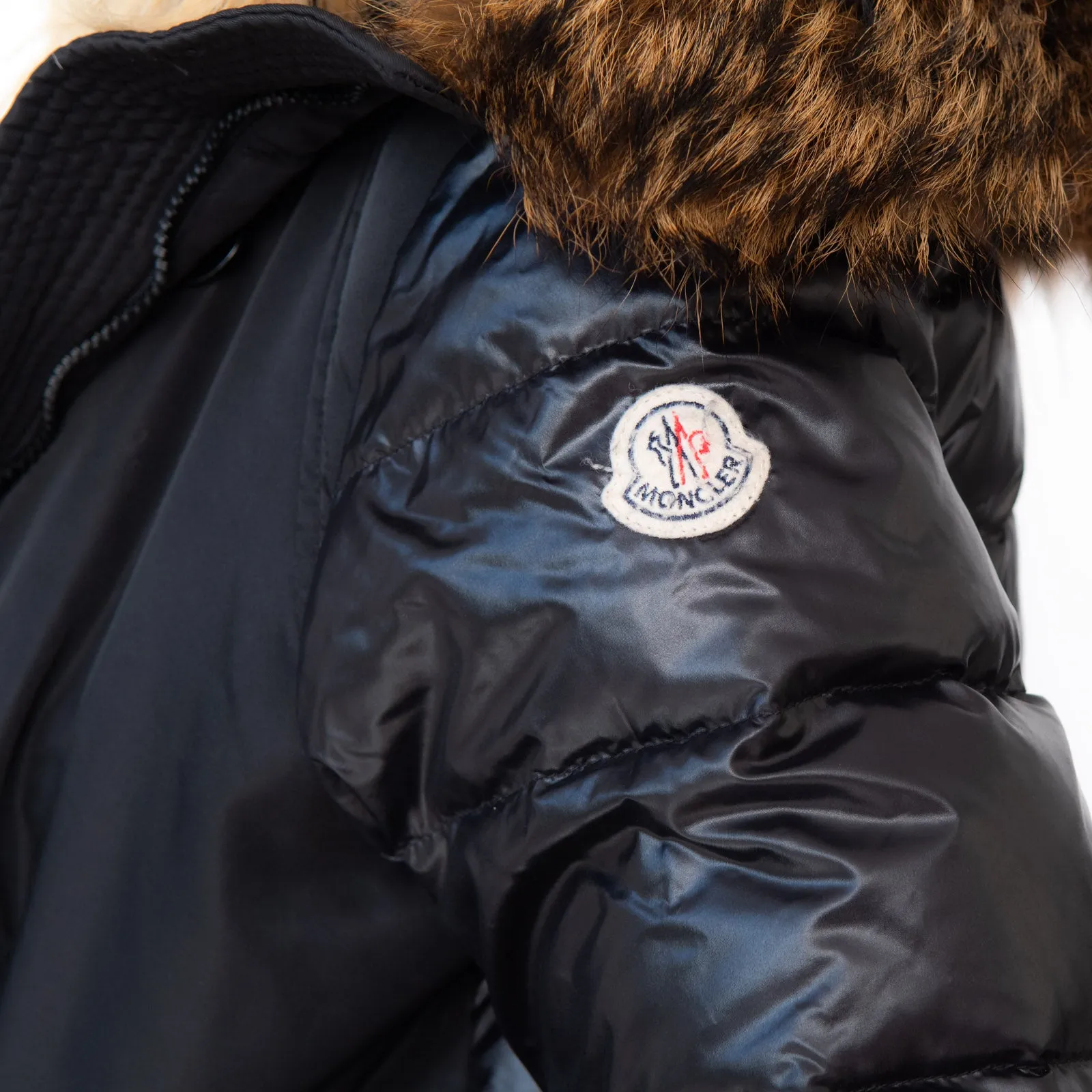 Moncler Black Cropped Jacket Fur Trim Hood Size 4