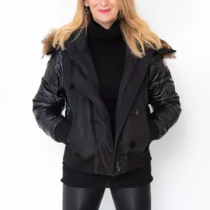 Moncler Black Cropped Jacket Fur Trim Hood Size 4