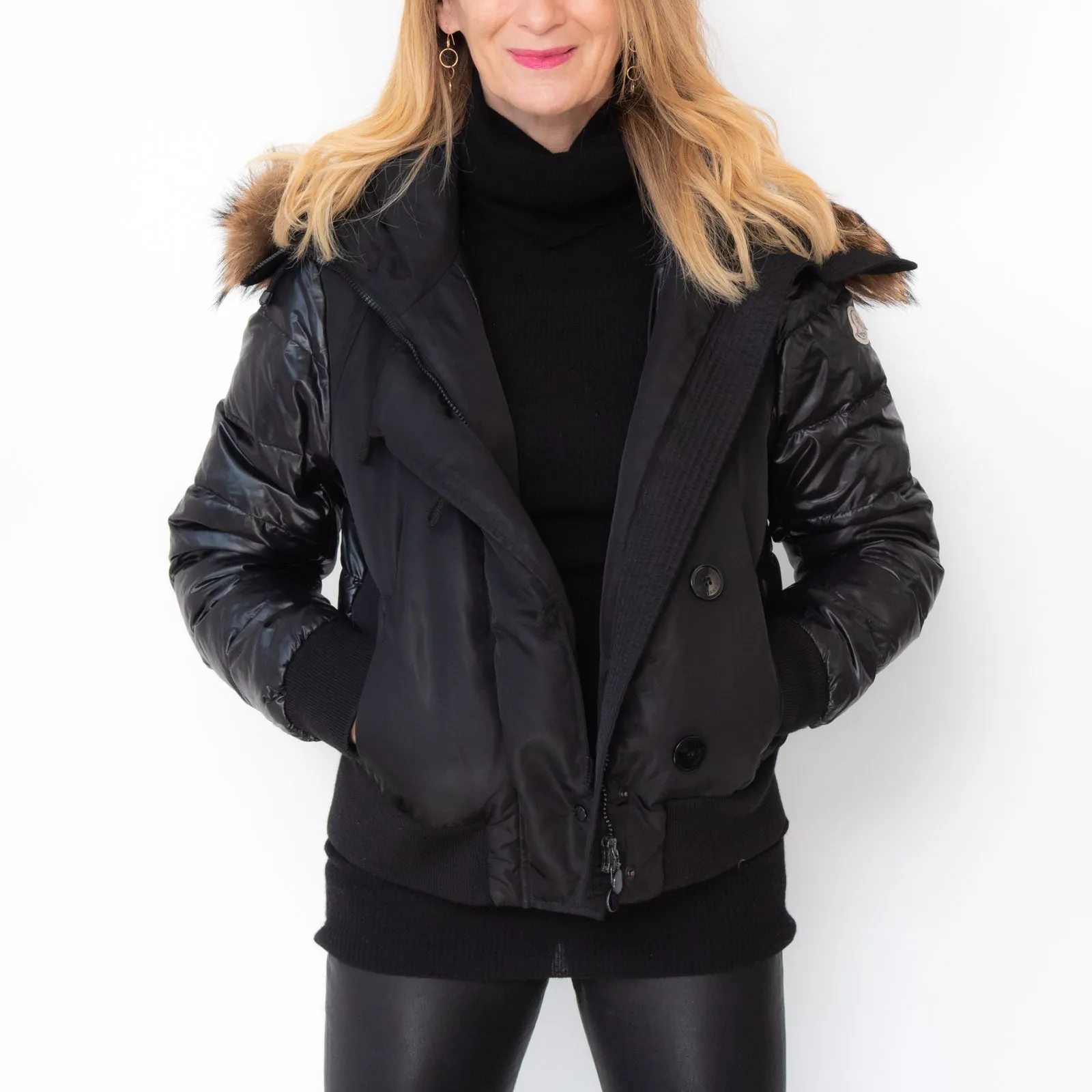 Moncler Black Cropped Jacket Fur Trim Hood Size 4