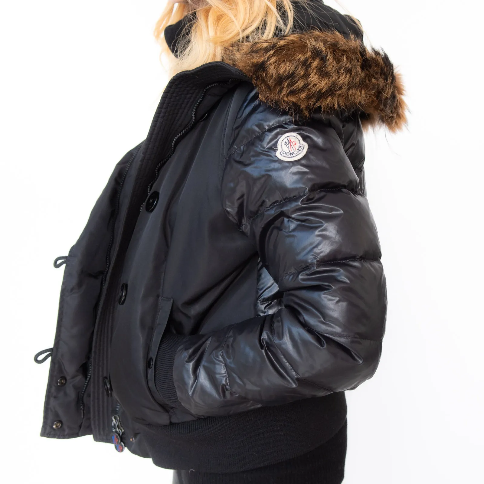 Moncler Black Cropped Jacket Fur Trim Hood Size 4