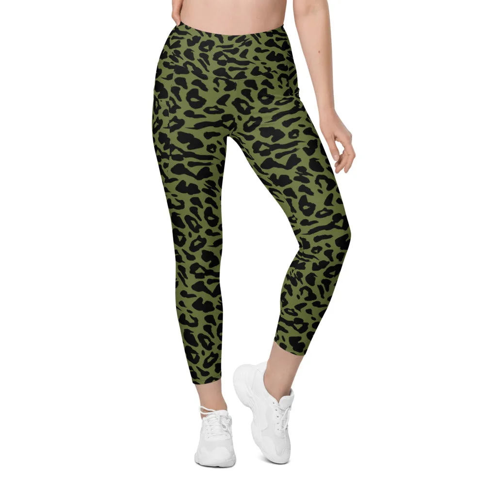 Olive Green Leopard Skin Leggings with Pockets