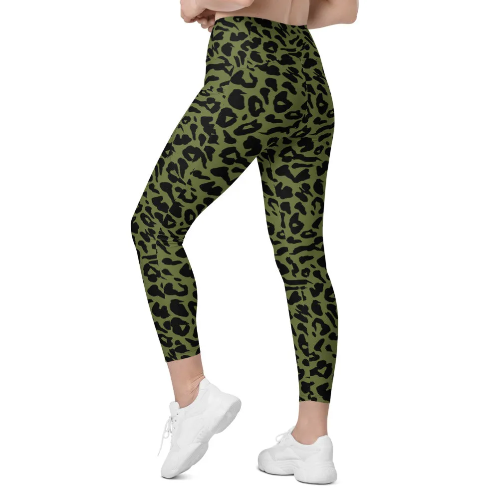 Olive Green Leopard Skin Leggings with Pockets