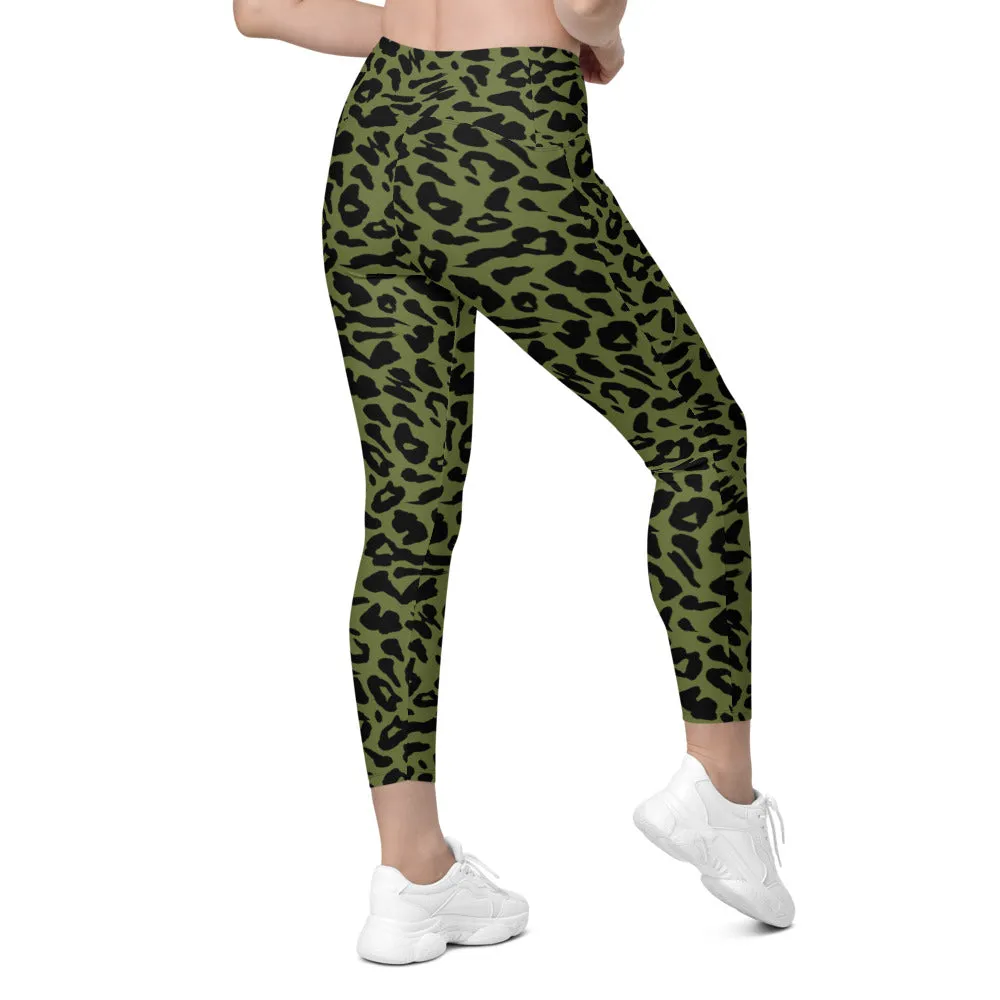 Olive Green Leopard Skin Leggings with Pockets