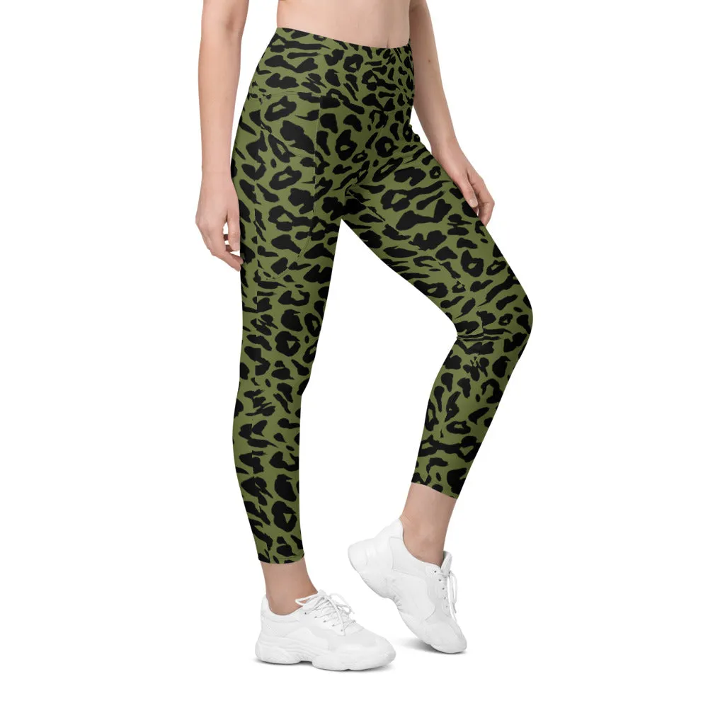 Olive Green Leopard Skin Leggings with Pockets