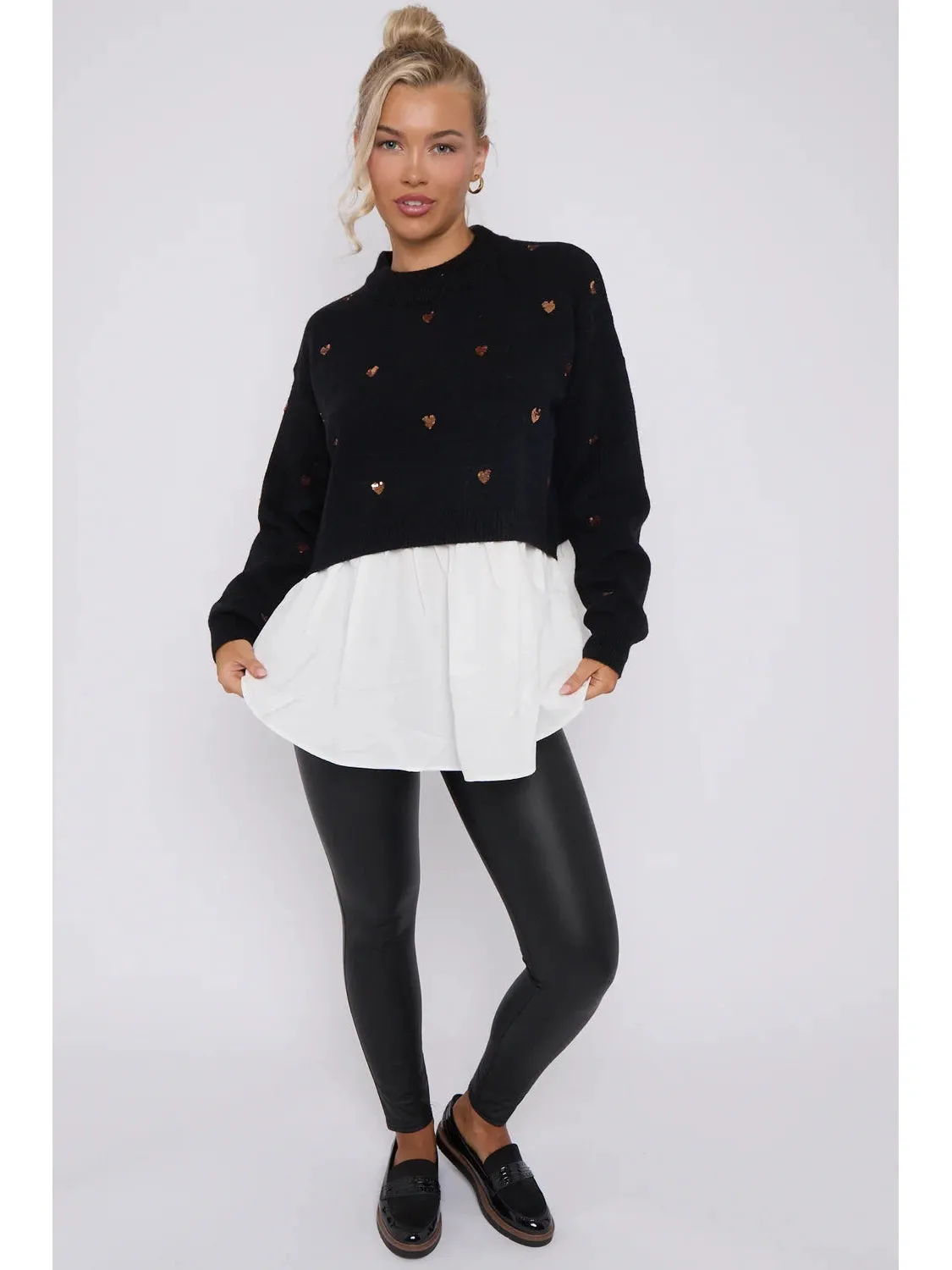 Phoebe Sequin Heart Embellished Jumper with Undershirt Detail
