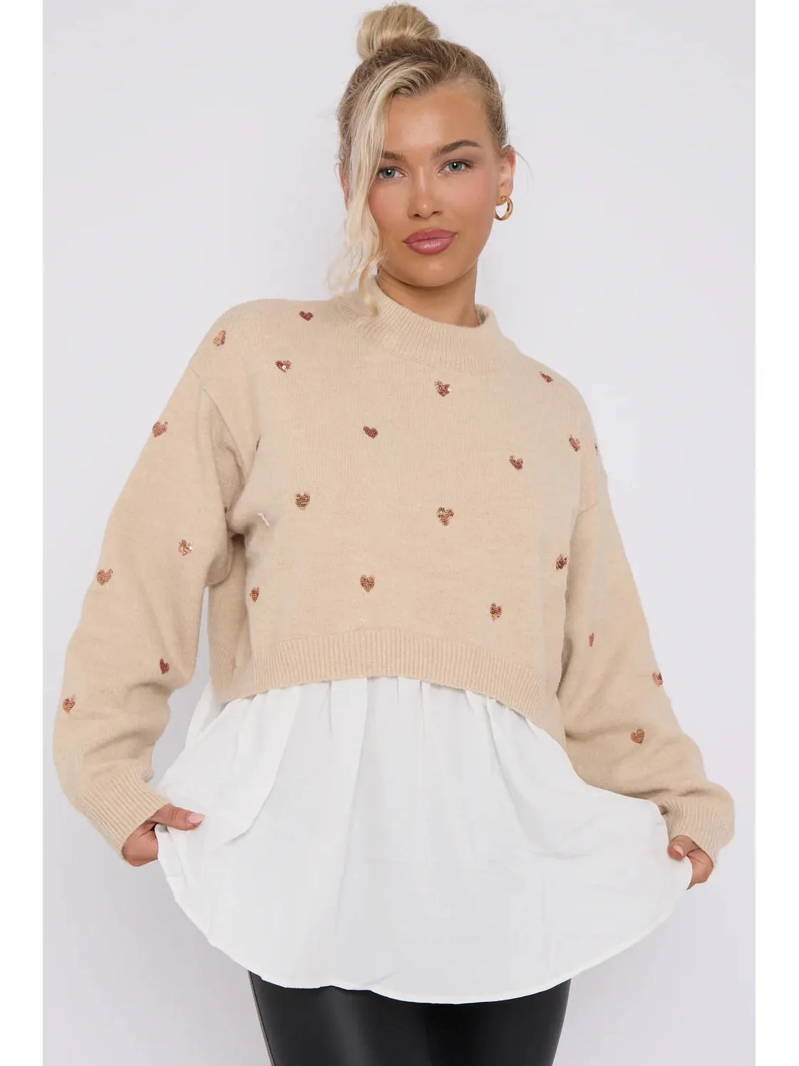 Phoebe Sequin Heart Embellished Jumper with Undershirt Detail