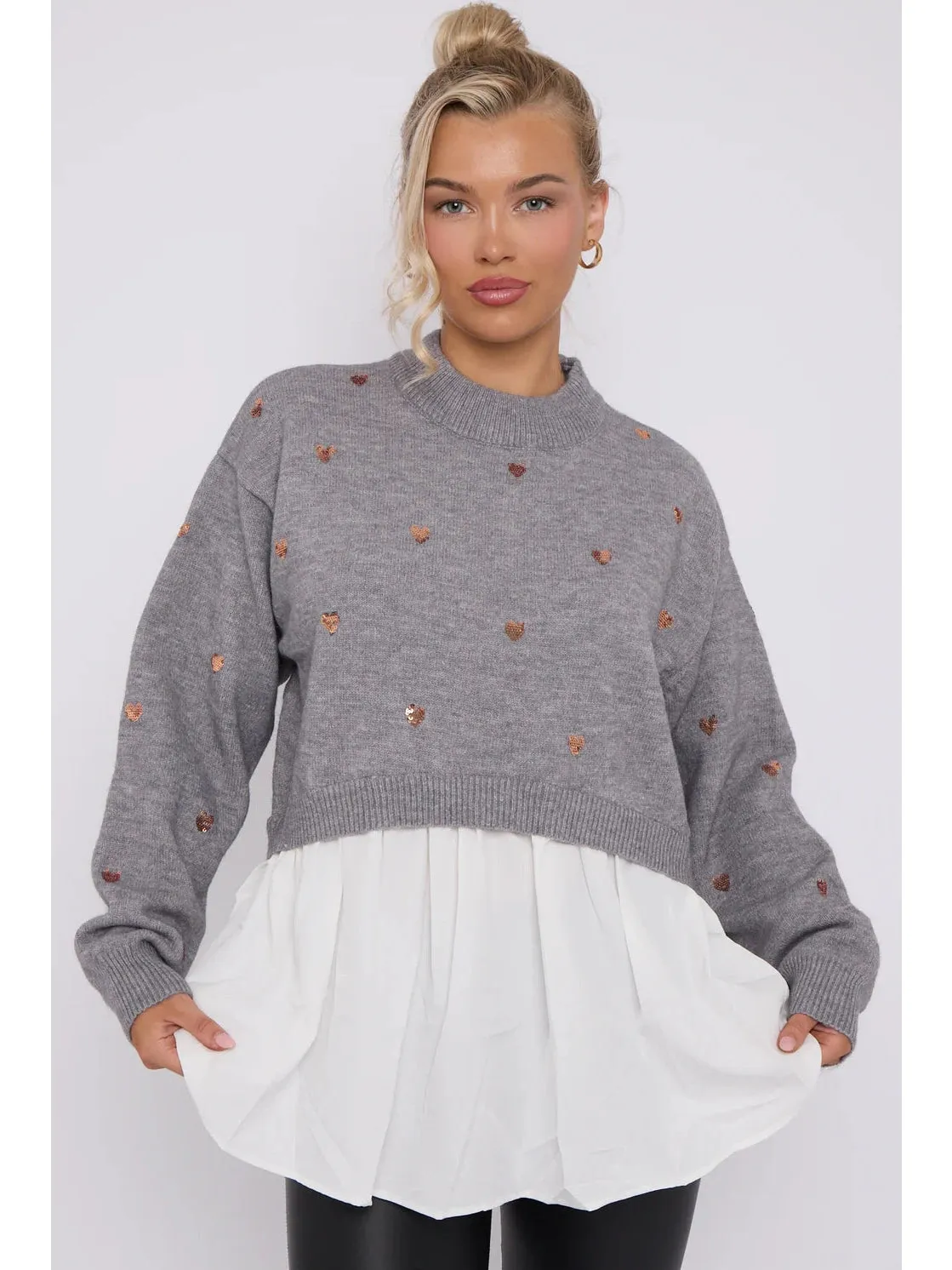 Phoebe Sequin Heart Embellished Jumper with Undershirt Detail