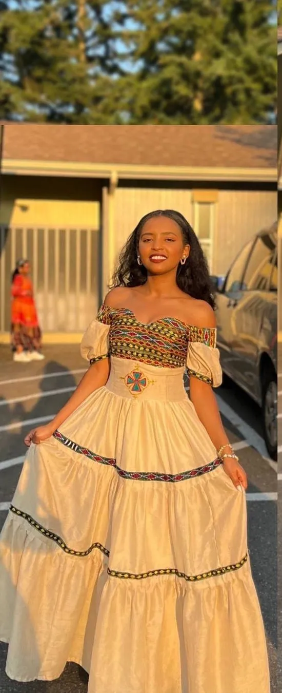 Pretty Cream Habesha Dress: with Intricate Cultural Embroidery Design Traditional Ethiopian Dress