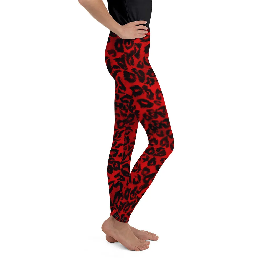 Red Leopard Youth Tights, Animal Print Premium Youth Gym Cute Comfy Leggings - Made in USA/EU