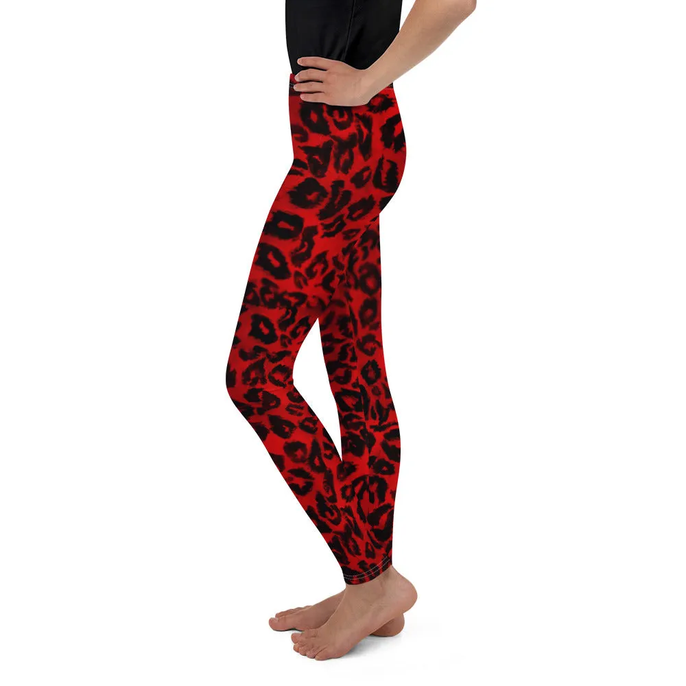 Red Leopard Youth Tights, Animal Print Premium Youth Gym Cute Comfy Leggings - Made in USA/EU