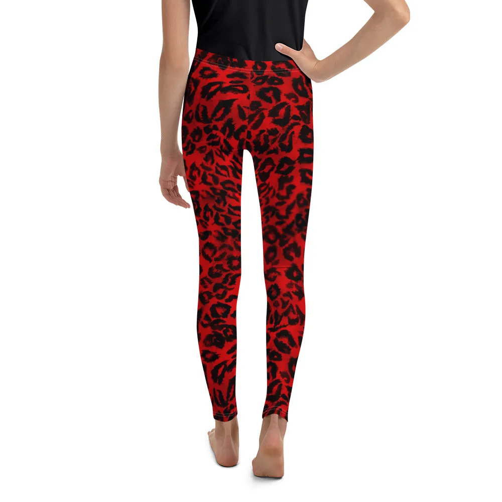 Red Leopard Youth Tights, Animal Print Premium Youth Gym Cute Comfy Leggings - Made in USA/EU