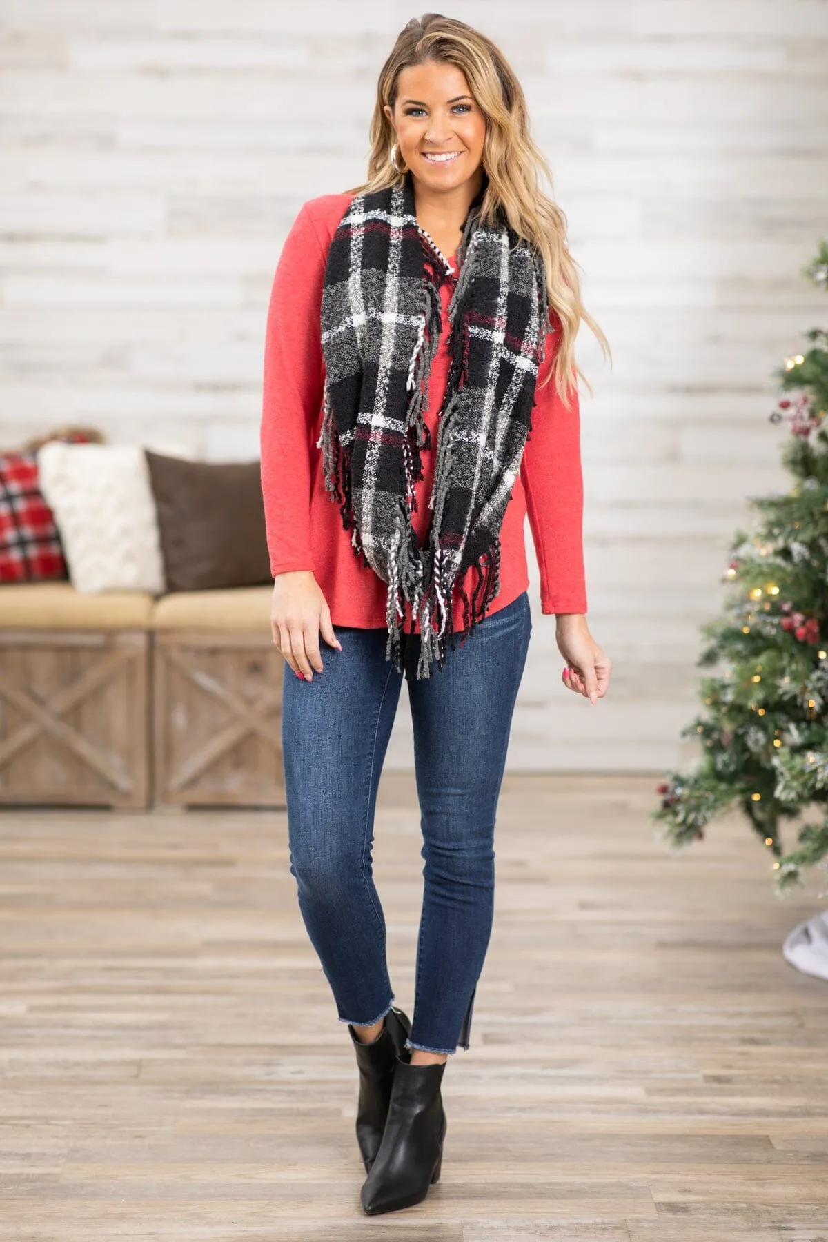 Red Top and Plaid Infinity Scarf Bundle