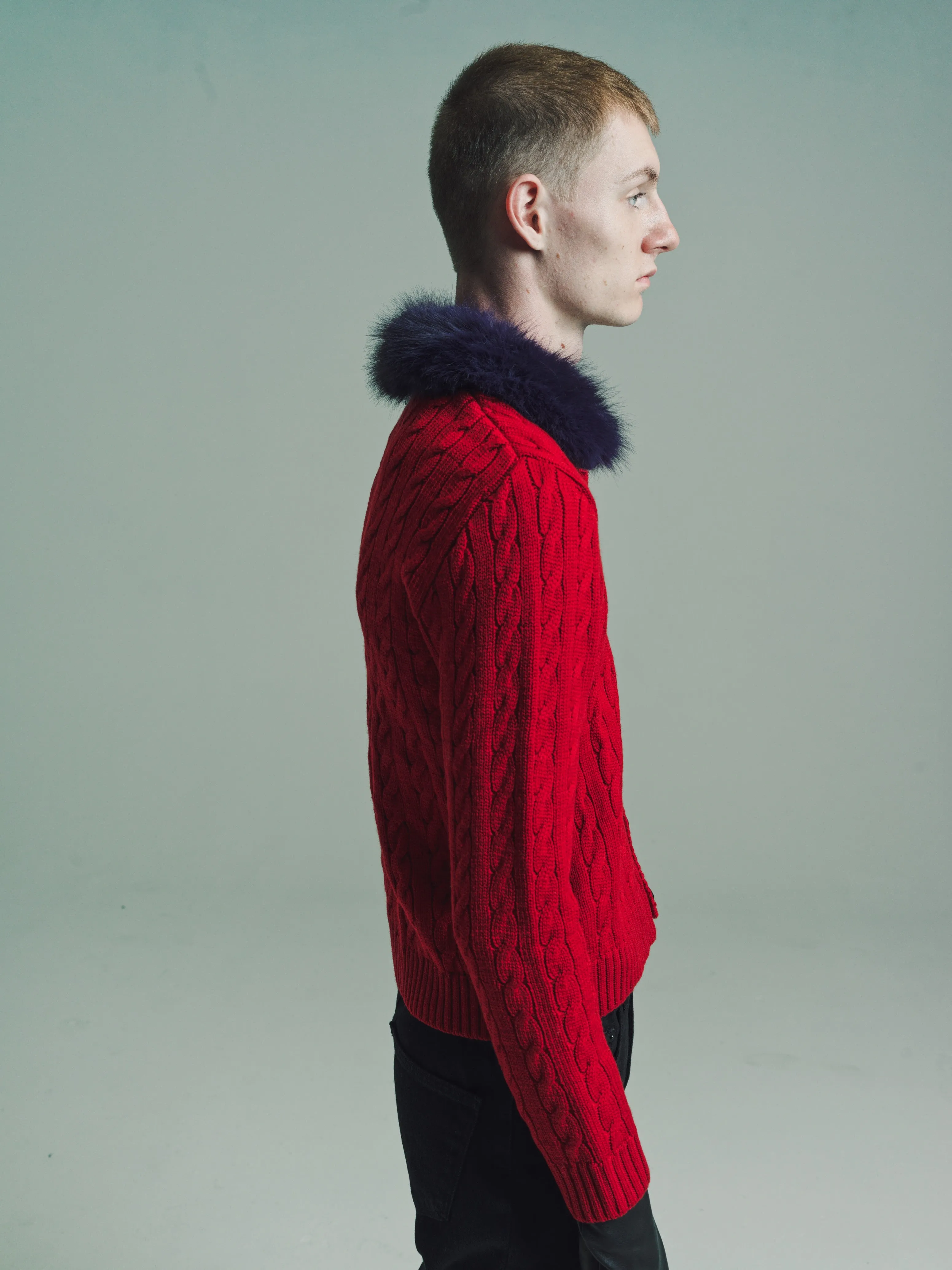Red W/ Purple Collar Cable Knit Faux-Fur Collar Cardigan
