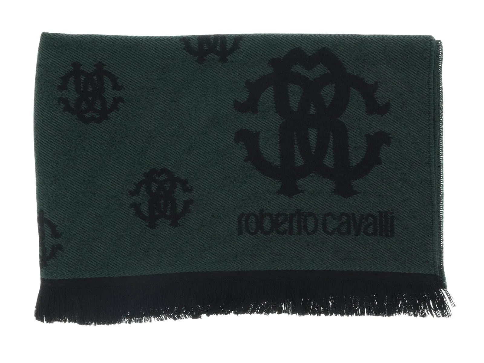 Roberto Cavalli ESZ051 04000 Green Wool Blend Logo Mens Scarf