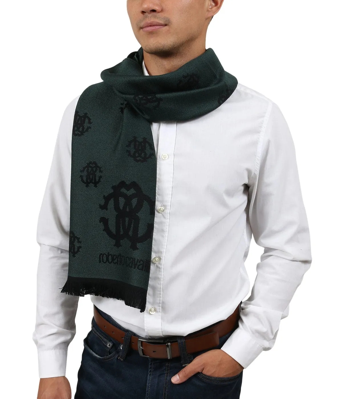 Roberto Cavalli ESZ051 04000 Green Wool Blend Logo Mens Scarf