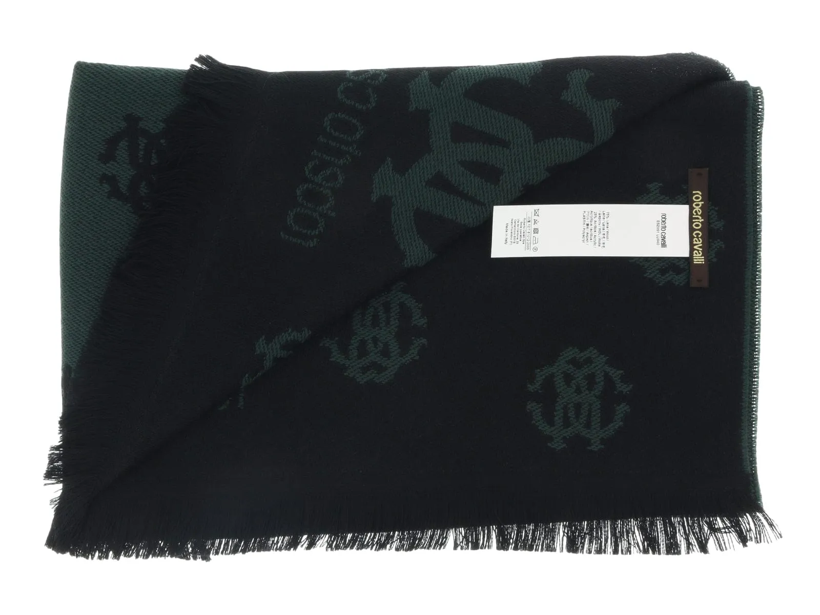 Roberto Cavalli ESZ051 04000 Green Wool Blend Logo Mens Scarf