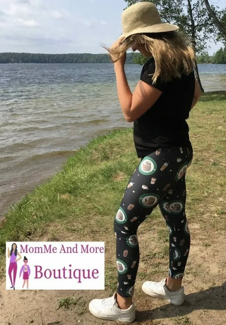 Womens Sloth Coffee Donut Leggings, Soft Yoga Pants, Sizes OS/TC, Black/Green, Exclusive Leggings